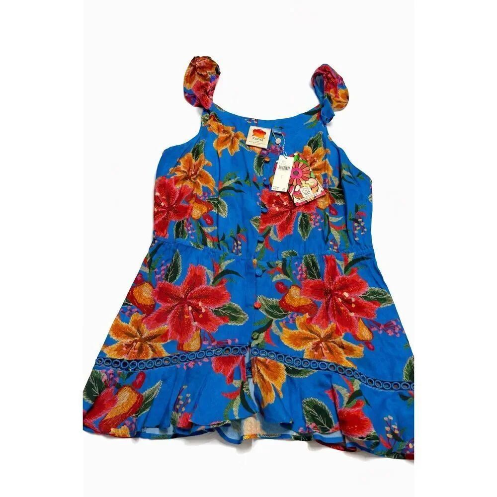 NWT Anthropologie Farm Rio Ruffled Blue Floral Blouse Tank Sleeveless Size Large